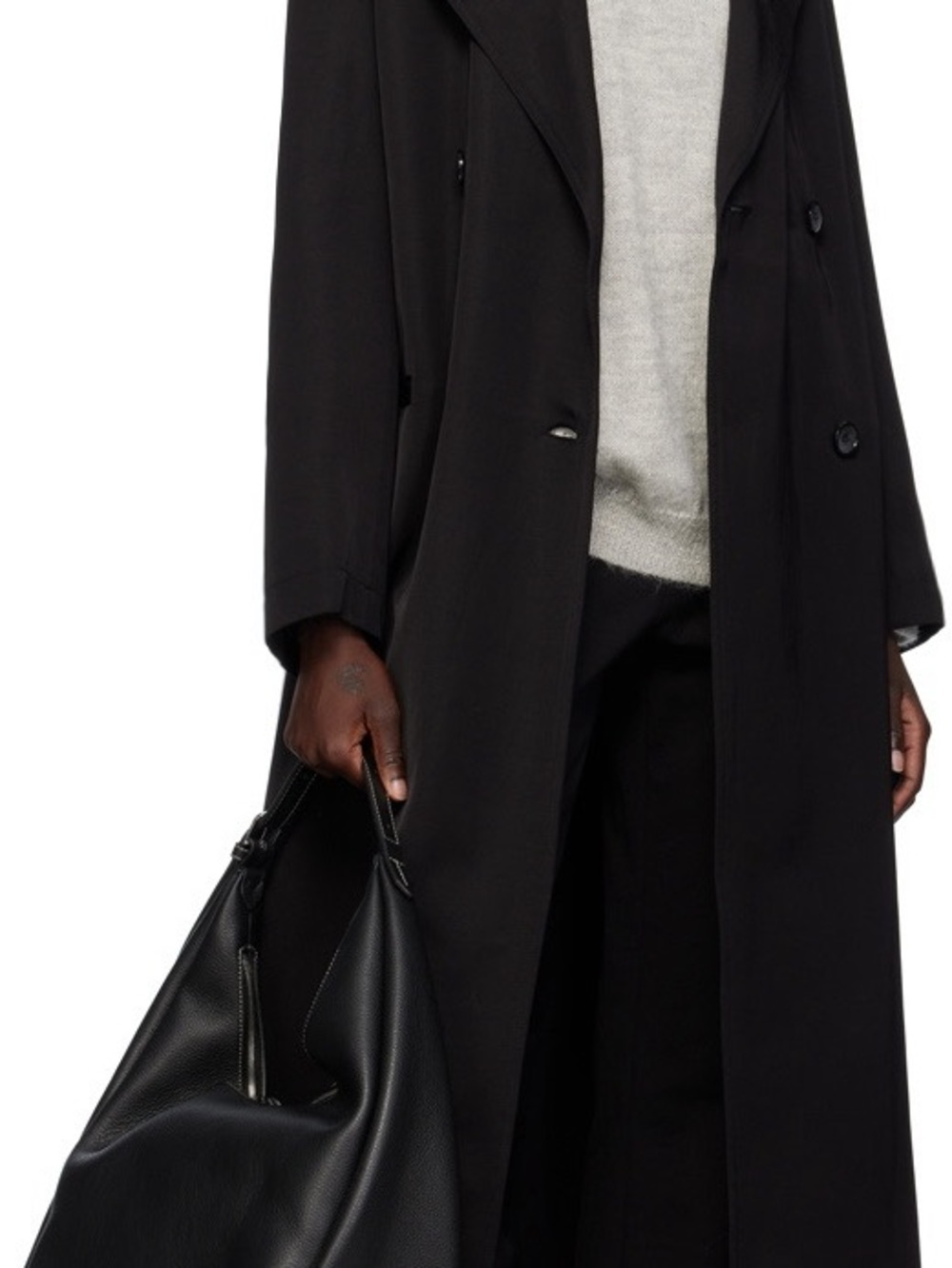 Classic Black Trench Coat with Leather Tote